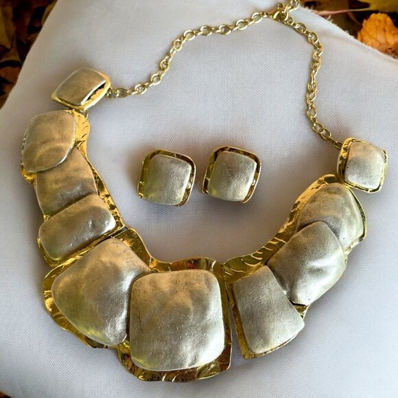 Brand New Chunky Two Tone Gold Plated Minimalist Necklace and Earrings Set - Picture 2 of 5